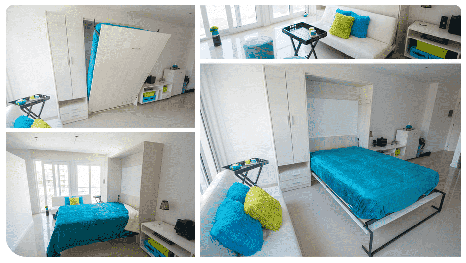 Mueble cama blanco de una plaza colocado en un espacio reducido